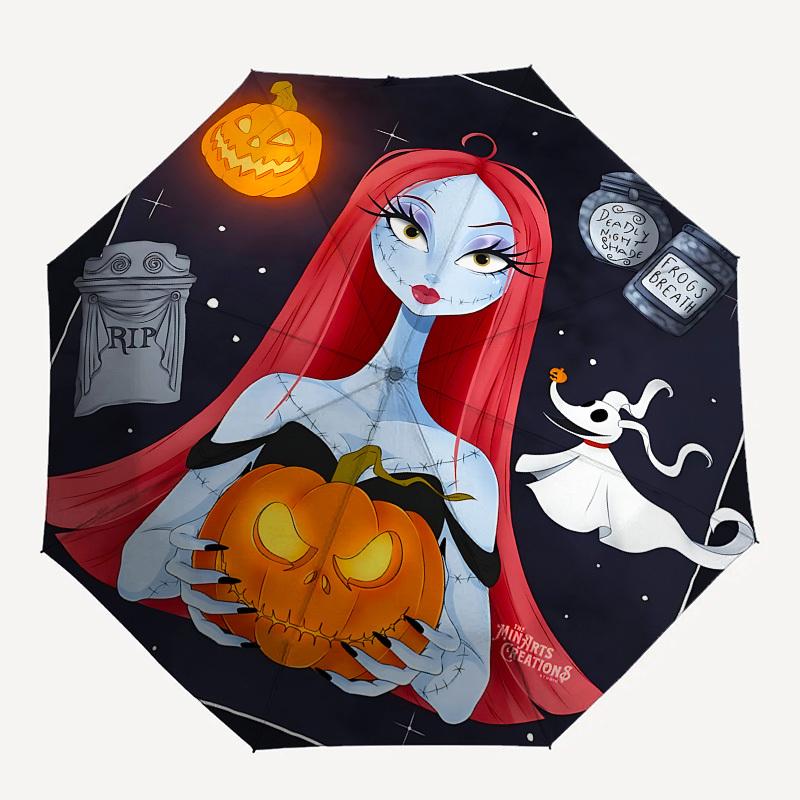 Sally, Automatisches Öffnungs- und Schließschirm im Stil von Nightmare Before Christmas, Helles 8-Speichen-Tragbarer Schirm