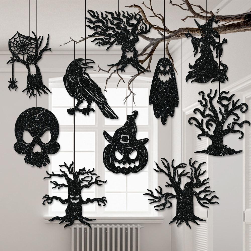 10pcs/set Halloween Hanging Banner Garland Scary Spider Witch Ghost Bat Pendant Ornament Happy Halloween Party Home Decorations