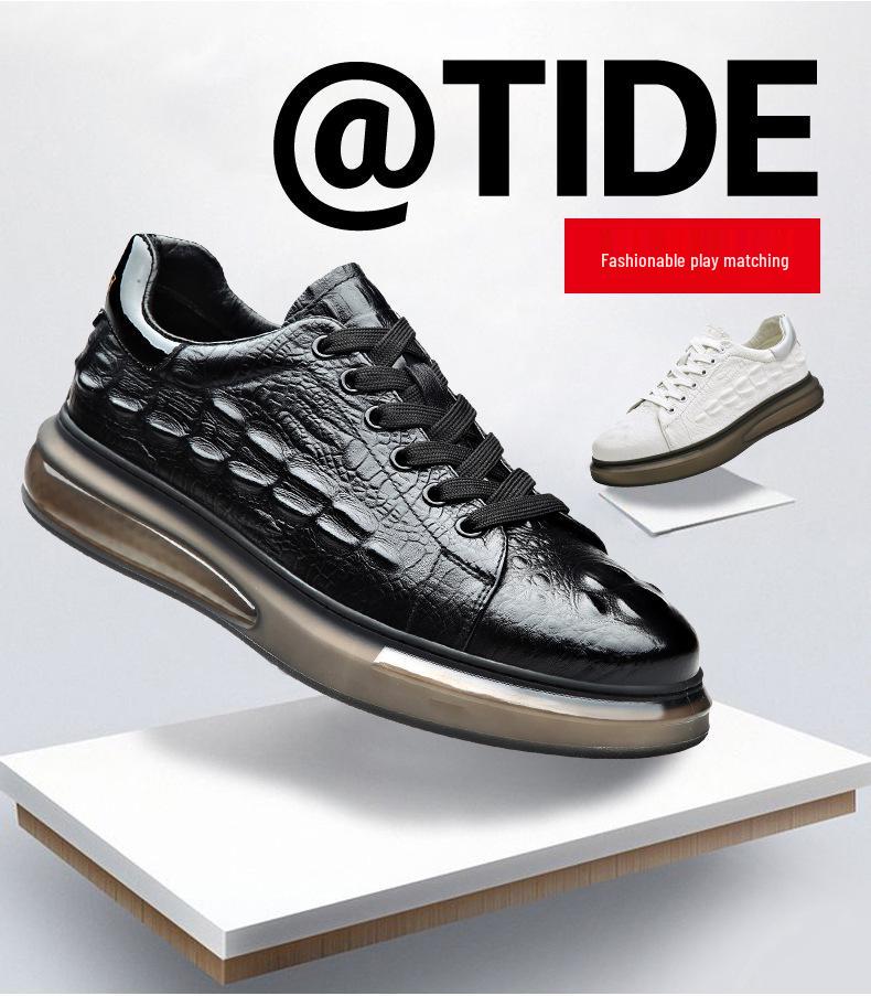 European Men's White Lace-up Shoes: Embossed Cowhide Crocodile Pattern, Comfortable, Versatile Thick Sole, Trendy Casual Design.