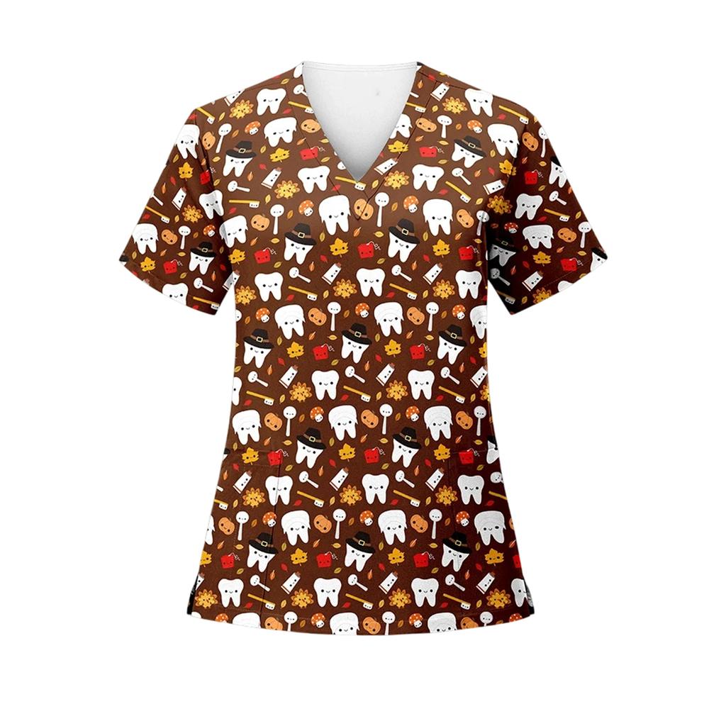 Women's Loose Short Sleeved Fashionable Tooth Pattern Printing V-neck Buttonable Side Slit Top T-shirt