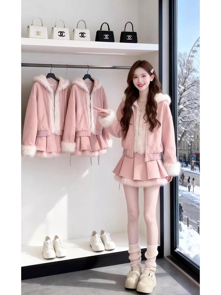 Dicke Rosa Blumen-Kapuzenjacke & Rock Set für Damen - Herbst/Winter Schulstil