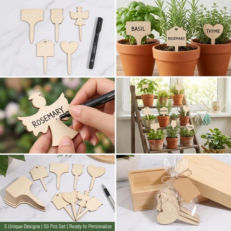 Wooden Plant Labels Multi-shape Blank Garden Marker Stakes DIY Writing Tags for Potted Flower Herb Seed Vegetable Identification