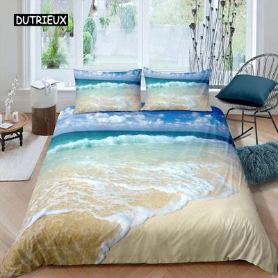 Ocean Wave Duvet Cover Set Beach with Foamy Waves Twin Bedding Set Polyester Sea Shore Holiday Theme Queen King Size Quilt Cover Three-piece Set