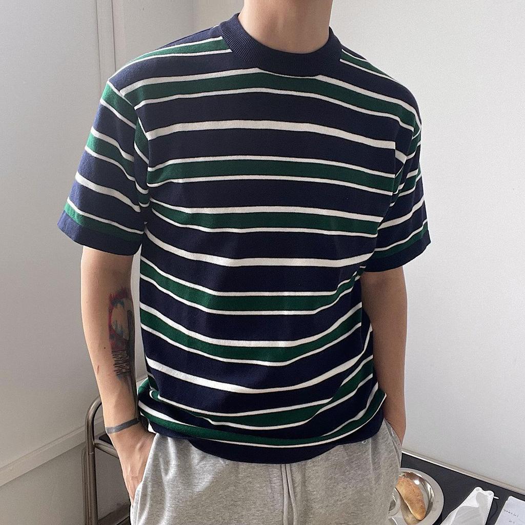 2024 Korean Striped Casual Loose-Fit Knit Crew Neck T-Shirt for Men