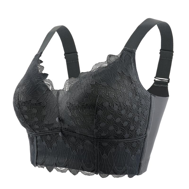 Large Chest Revealing Small Key Shaping Lace Bra with Gathered Front Button Wide Shoulder Strap Underwear