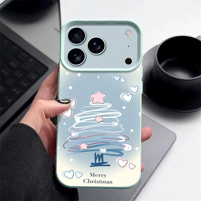 Blue Line Chirstmas Tree Design Shockproof Case for iPhone 17 16 15 14 Pro Max 13 Air - Flexible TPU Cover with Leather Texture