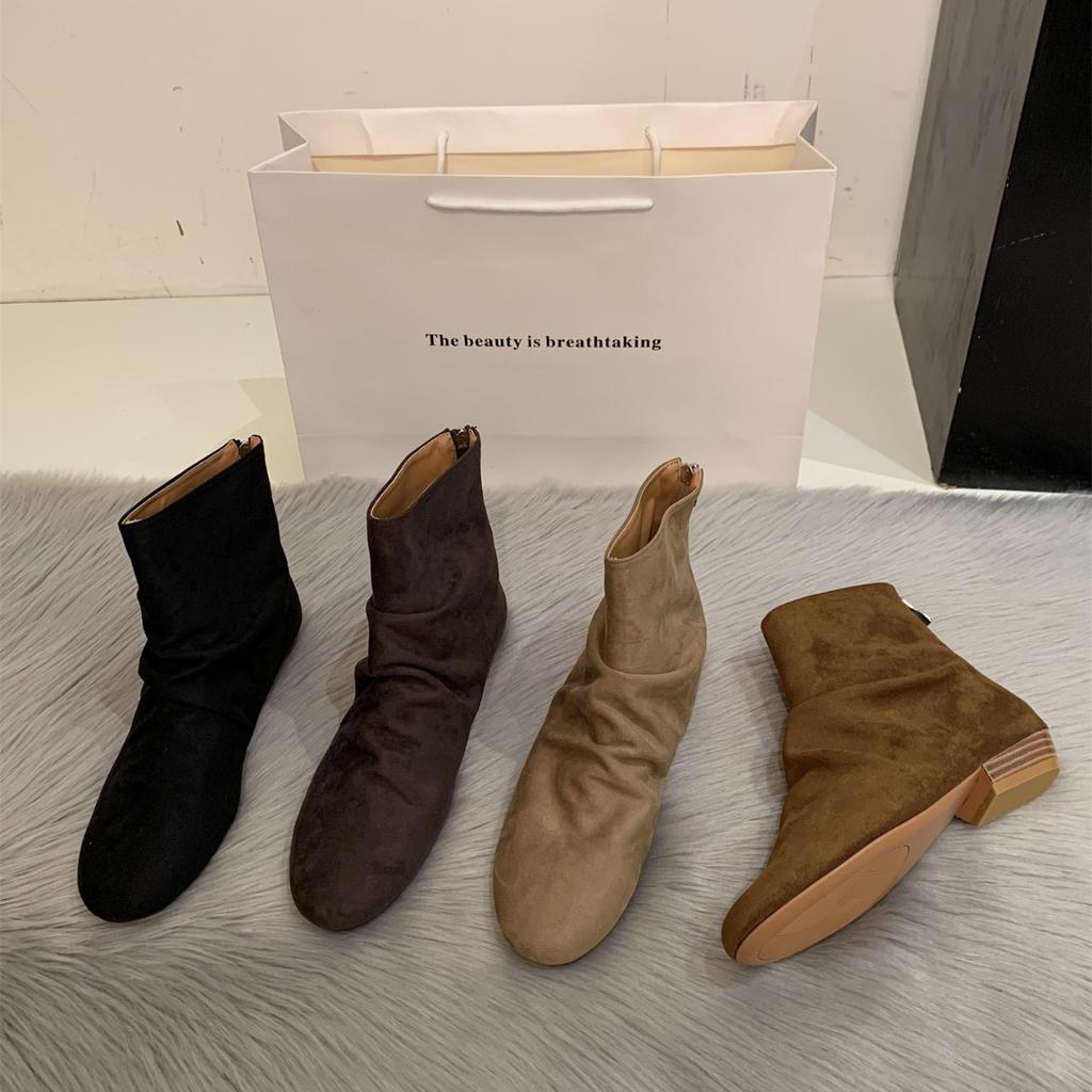 Vintage Suede Pleated Short Boots Women's Spring and Autumn Round Head Chelsea Boots Rear Zipper Commuter Thick Heel Single Boots