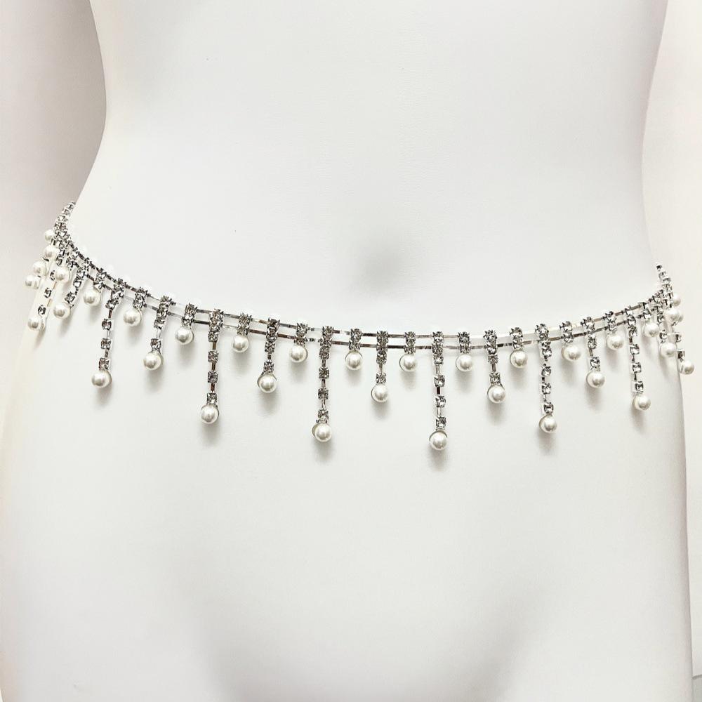 Elegant Pearl and Rhinestone Bridal Waist Chain