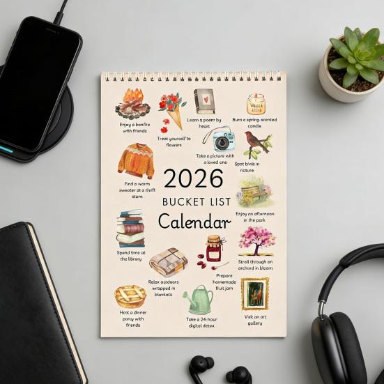 2026 Bucket List Kalender Künstlerischer Wandkalender Planer Hängender Monatskalender Zeiterinnerungskarte für Heim- und Bürogebrauch