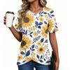 Women's Round Neck Short Sleeve Floral Print T Shirt Top with Button Detail Casual Lightweight Summer Blouse