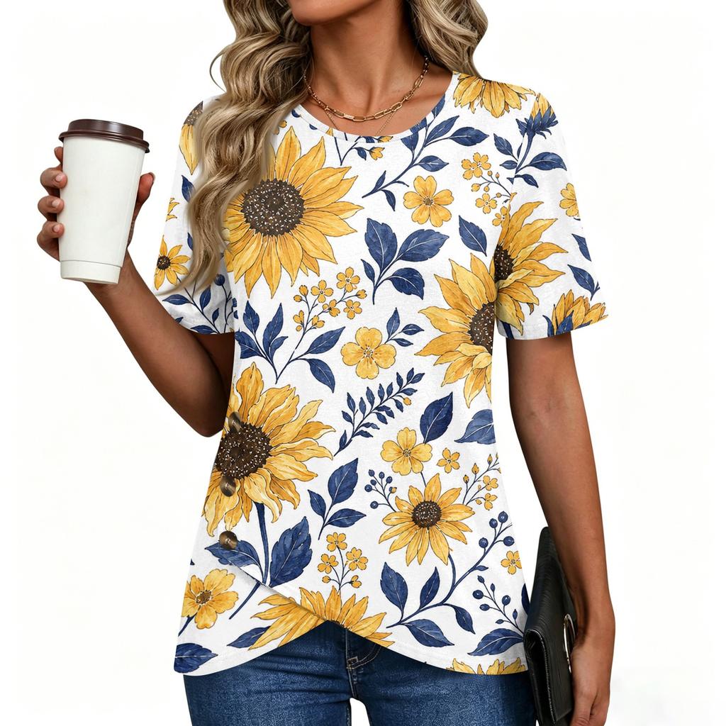Women's Round Neck Short Sleeve Floral Print T Shirt Top with Button Detail Casual Lightweight Summer Blouse