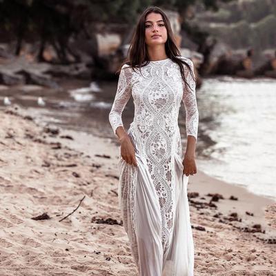 Robe de mariée de célébrité pour femmes européennes et américaines, printemps 2025 : col rond, manches longues, imprimé, dos nu en dentelle