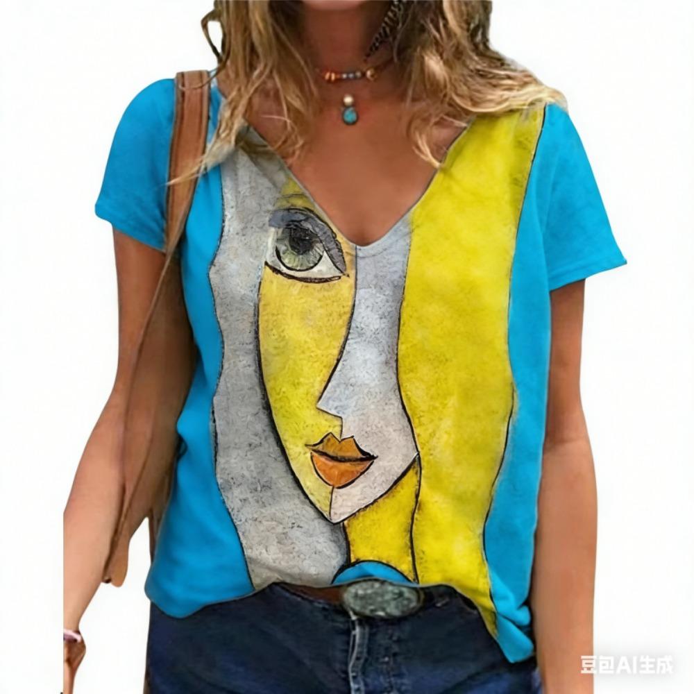 Women's V Neck T-shirt Summer Casual Plus Size Print Tops Loose Vintage Female Tee Streetwear Short Sleeve Clothes