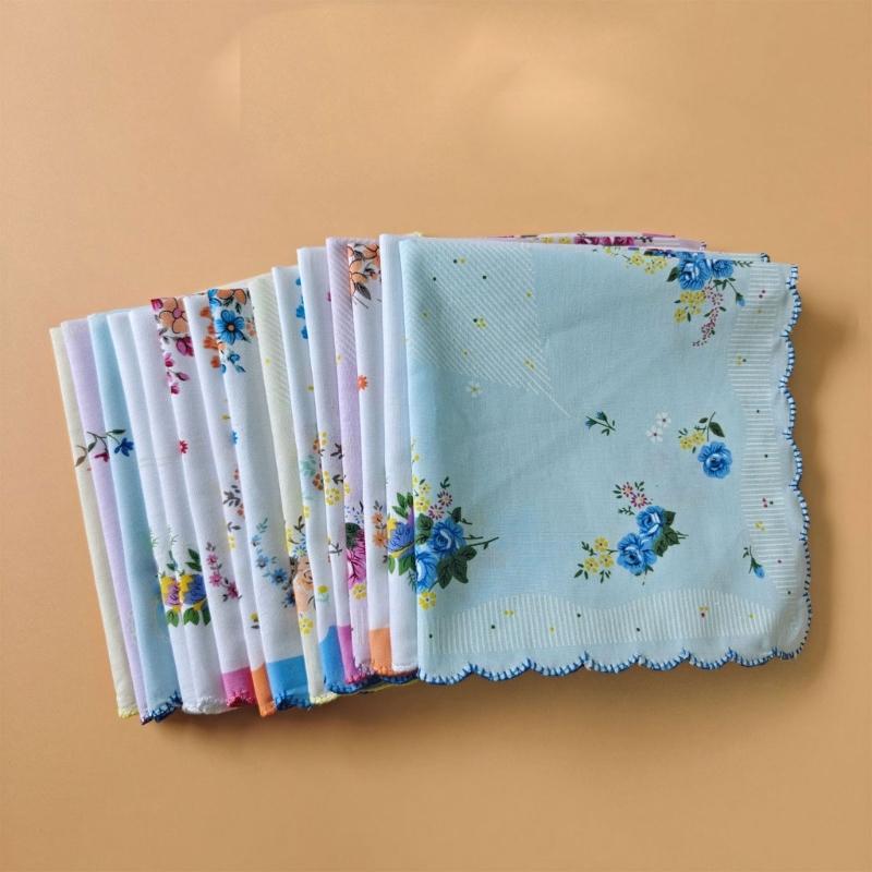 Flower Motif Handkerchief Set, 18Pcs Soft Cotton Cloths with Scalloped Trim for Personal Wiping, Table Settings, and Small-Item Wrapping