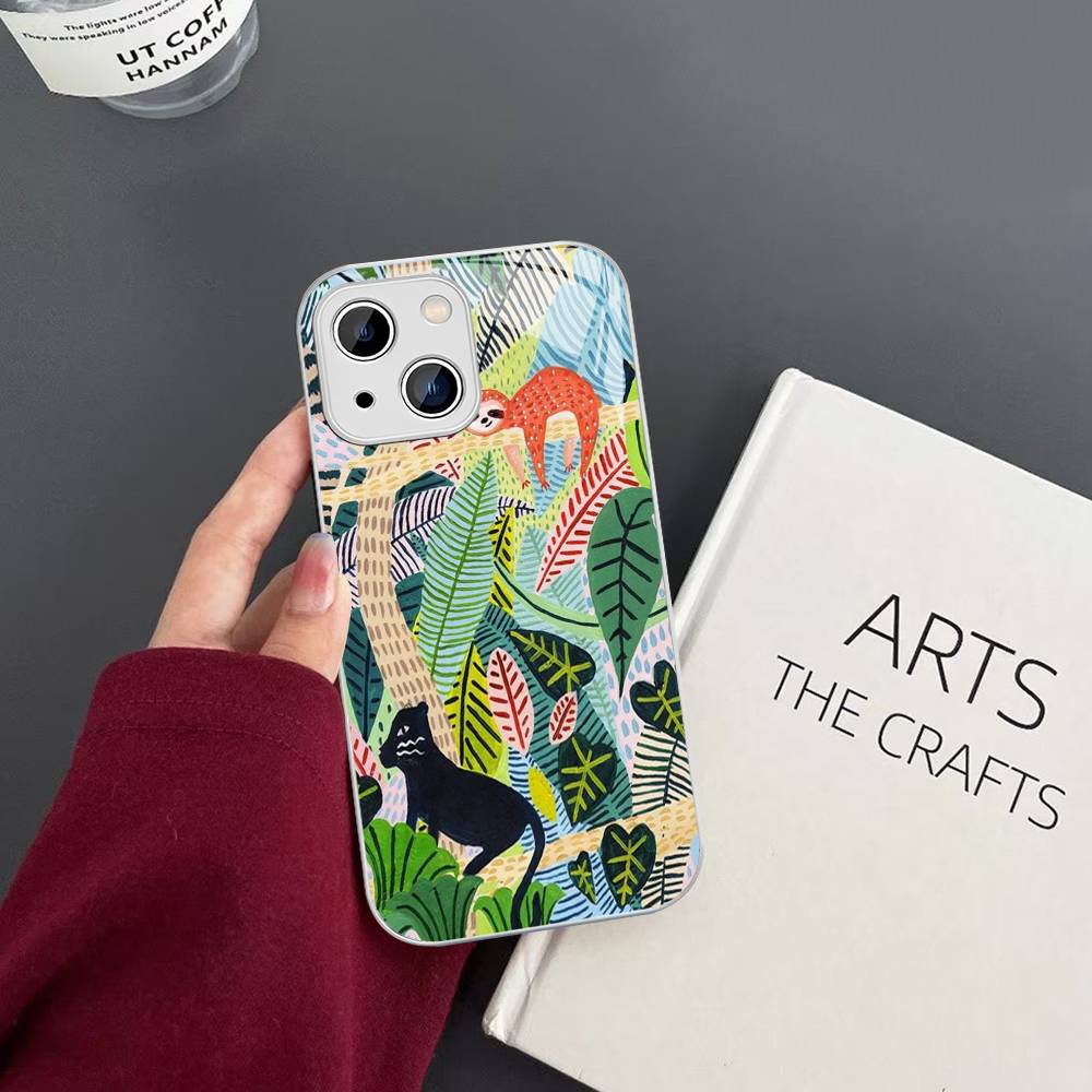 Jungle Art Illustration Snake Cats Sloth Tempered Glass For Iphone 14 13 12 11 Pro Mini XS MAX 14Plus X XS XR Fundas