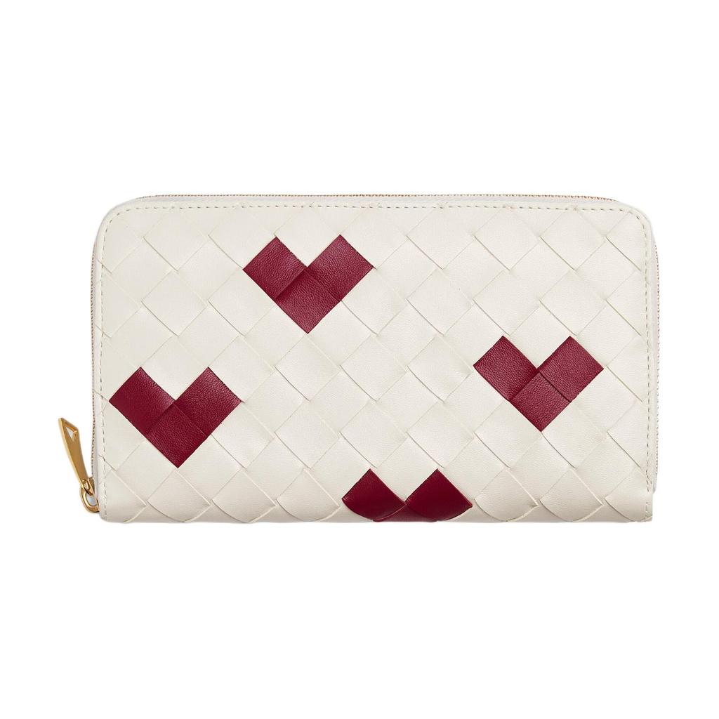 Bottega Veneta Intrecciato Woven Heart Design Zipper Around Leather Wallet Women Wallet Chalk-White Deep-Red 814674V57O39140