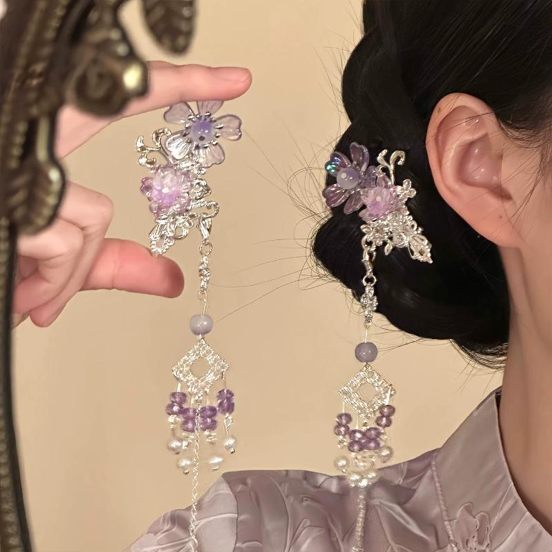 Flower Tassel Hair Clip Chinese Hanfu Style Crystal Pearl Tassel Hairpin For Women