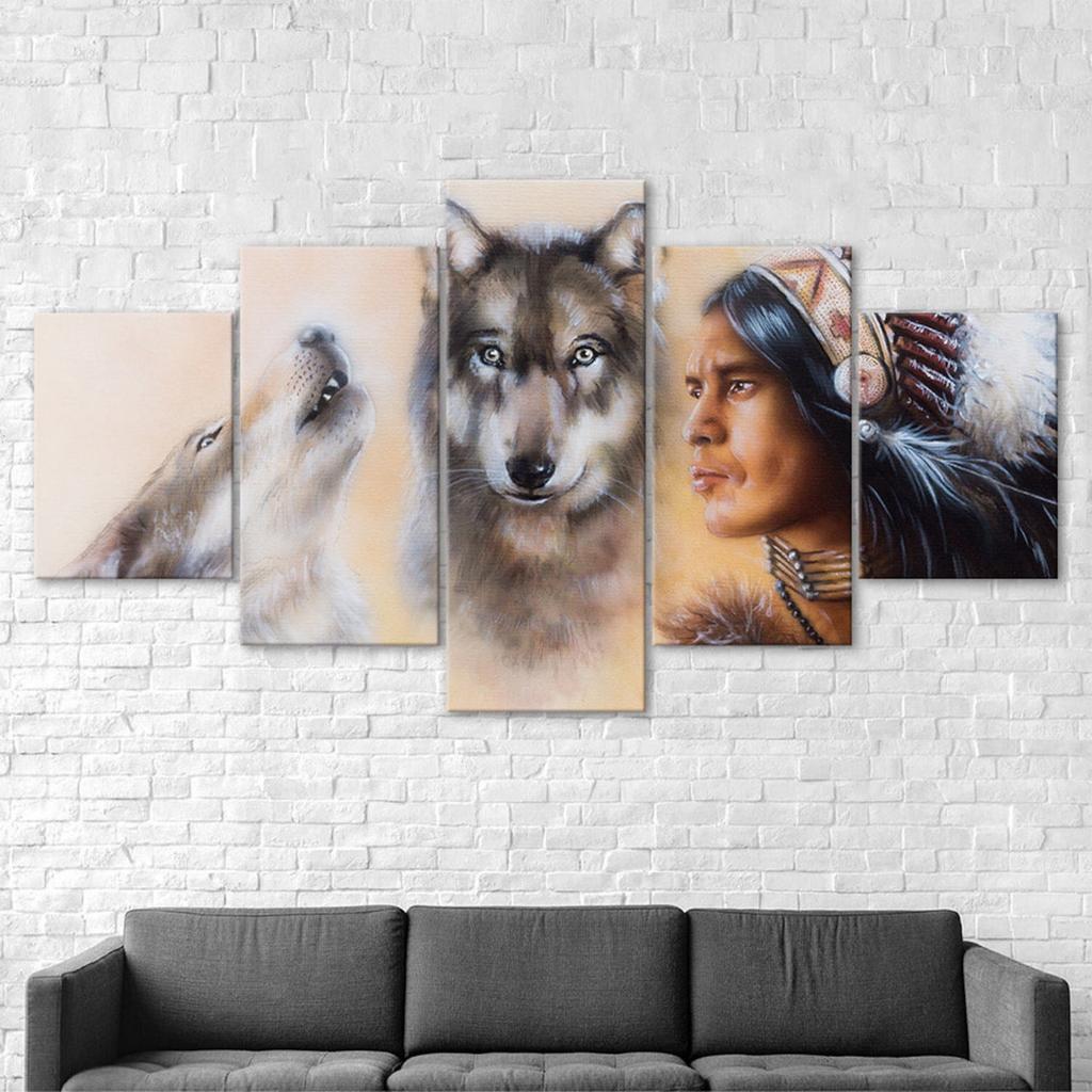 Native Indian Man Wolf Spirit Two Wolves 5 Piece Five Panel Wall Canvas Print Modern Art Poster Picture Home Decor Gift For Him For Her