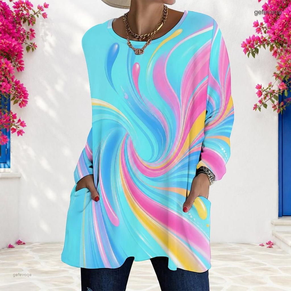 Women Plus Size Round Neck Long Sleeve Swirl Printed Colorful Loose Longline T Shirt With Pockets