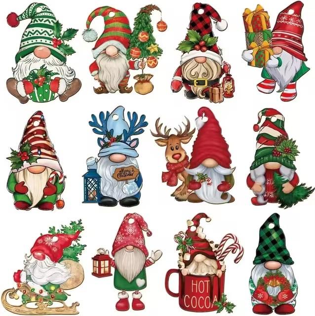 12/24pcs/set New Creative Wooden Christmas Dwarf Gnome Decoration Small Hanging Christmas Tree Decoration Wooden Plaque Set