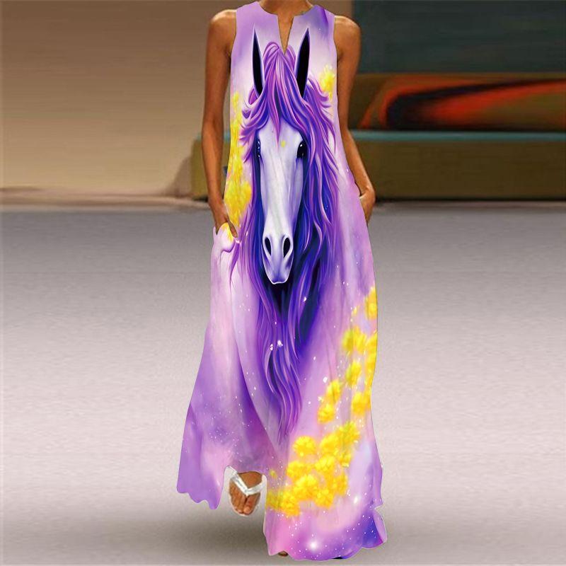 Fashion Style 3D Print Dress Animal Pattern Stage Show Stylish Clothing V Neck Sleeveless Pocket Maxi Dress