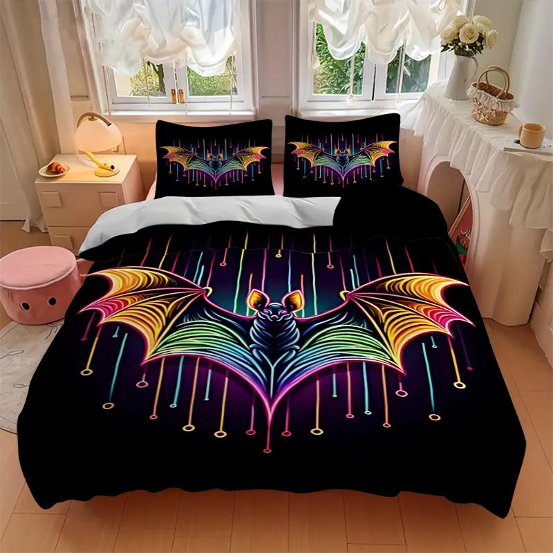 3pcs Neon Bat Print Duvet Cover Set, Cover For Bedroom Guest Room (1 Duvet Cover + 2 Pillowcase, Without Quilt), yy250922111