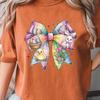 Easter Bow Comfort Colors Shirt, Springtime Charm T-Shirt, Bunny And Chick Shirt, Festive Easter Ribbon Tee, Pastel Colorful Easter Joy Tee
