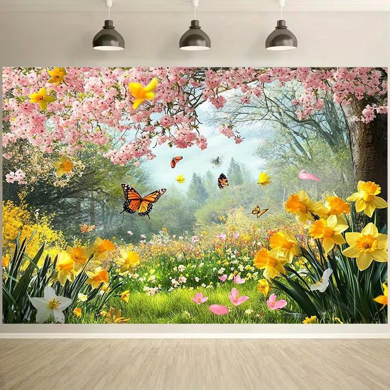 2D Misty Spring Forest Tapestry, Cherry Blossom Canopy & Wildflowers Wall Decor