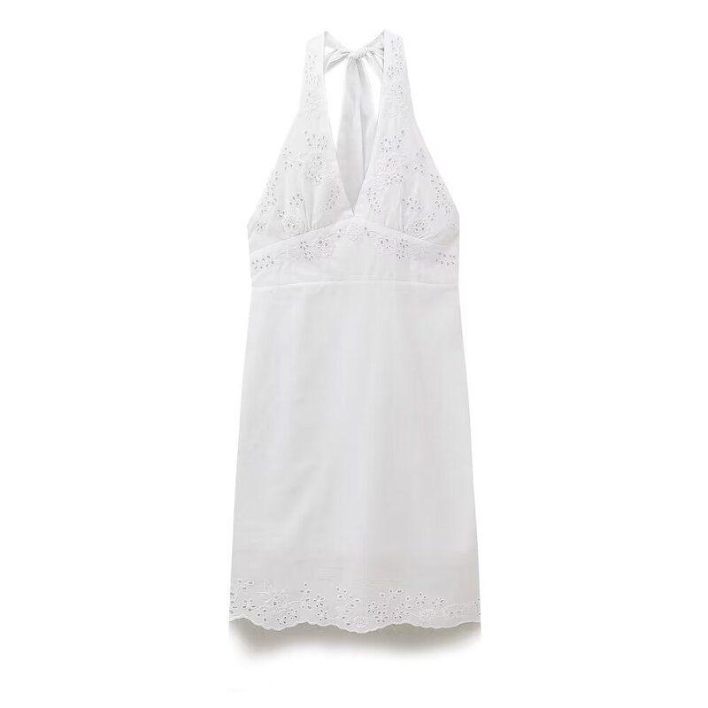 Fashion Style 2024 Summer New Arrival Women's Stylish Hanging Collar Embroider Poplin Dress Short Skirt 0881333