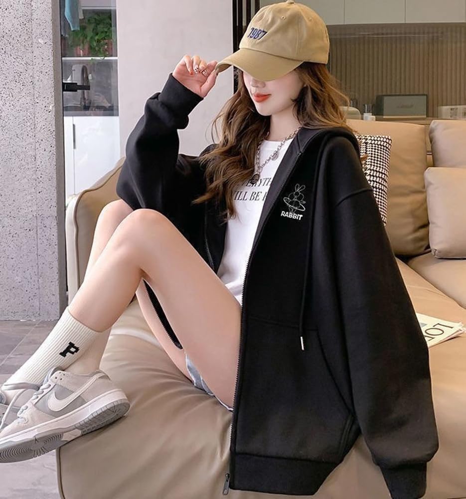 TASOGARA Long Zip Hoodie with Fleece Loose Plus Sizes Casual Wear Women's Lining, Fit, Available, Fall/Winter (JP, Alphabet, M, Black)