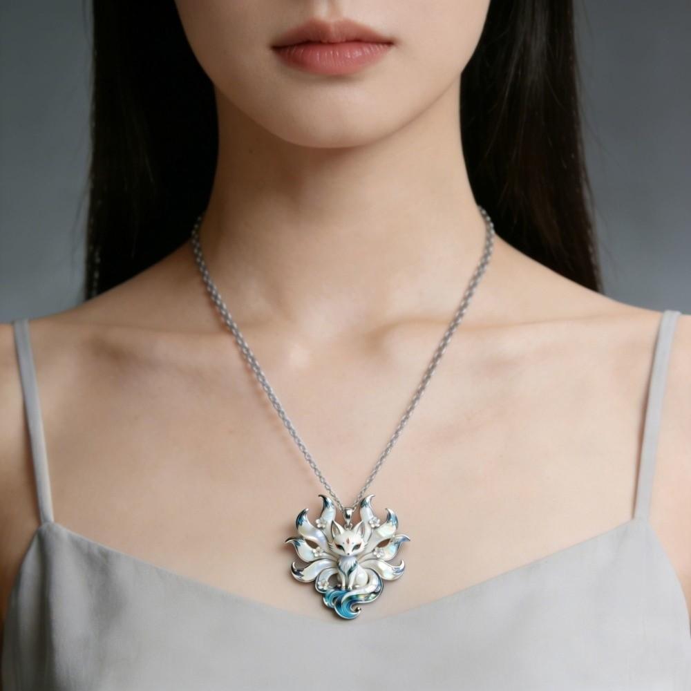Silver Tone Chain Nine-Tailed Fox Necklace Guardian Charm Pendant Spiritual Jewelry