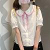 Japanese Sweet Kawaii Girl Preppy Shirt Doll Collar Embroidery White Blouse Women Cute Bow Tops Summer Short Sleeve Shirts New