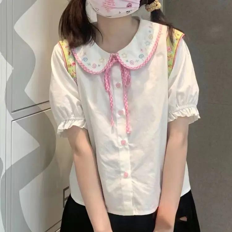 Japanese Sweet Kawaii Girl Preppy Shirt Doll Collar Embroidery White Blouse Women Cute Bow Tops Summer Short Sleeve Shirts New