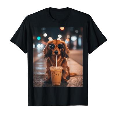 Funny Dachshund Drinking Iced Coffee Lover Dog Meme Humor T-shirt For Men Women 100% Cotton T Shirts Short Sleeve Tops 0225-2...