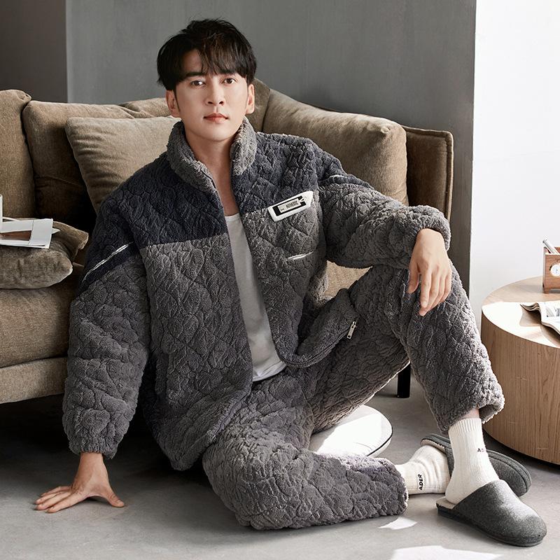 

Мужская зимняя пижама из кораллового флиса, трехслойная стеганая куртка, утолщенный флис, теплая, носимая, на молнии, комплект домашней одежды 3XL