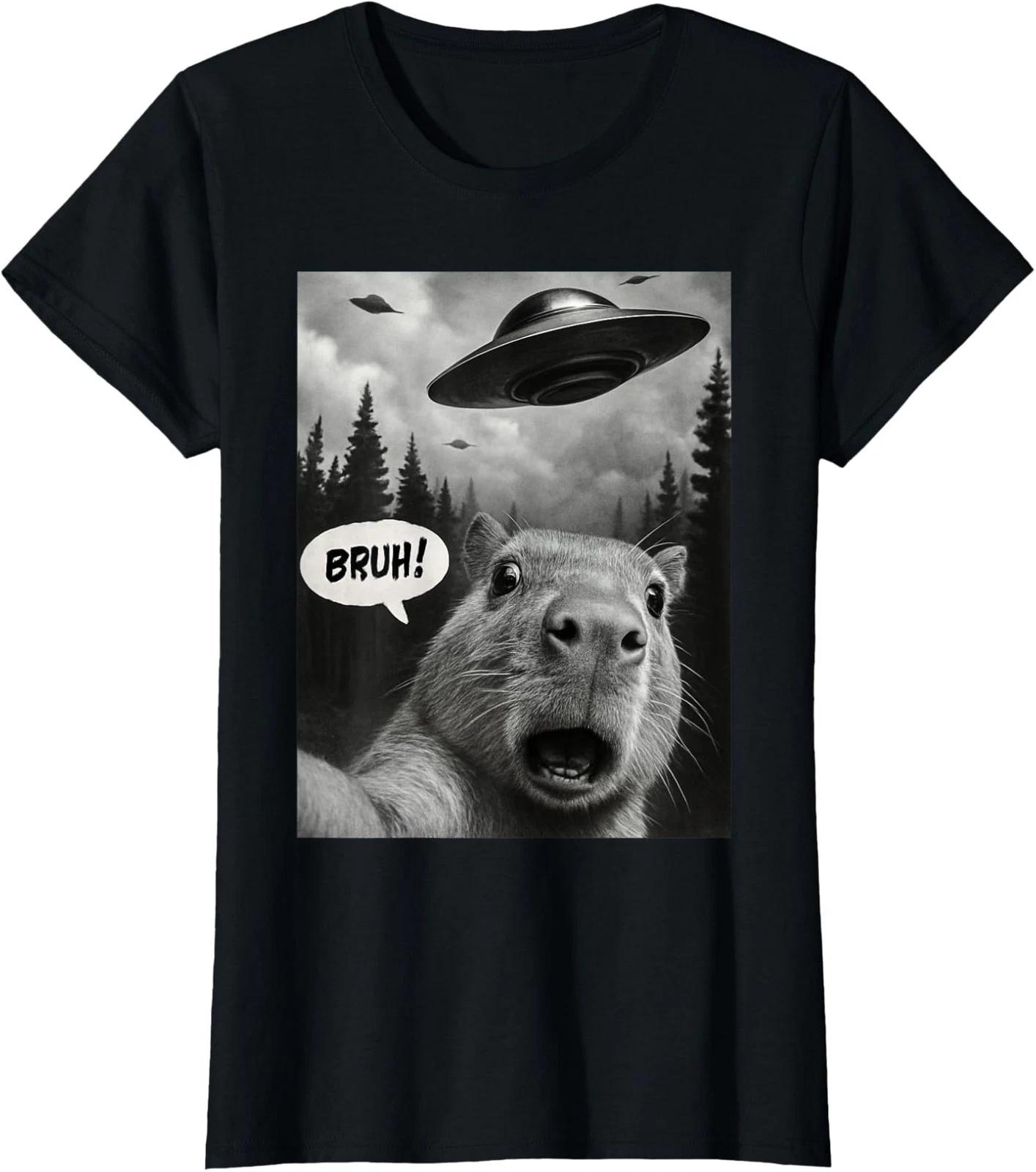 Funny Bruh Capybara Capy Selfie with UFOs Weird Ladies  Crewneck 100% Cotton T-shirt Mens Tees Top L