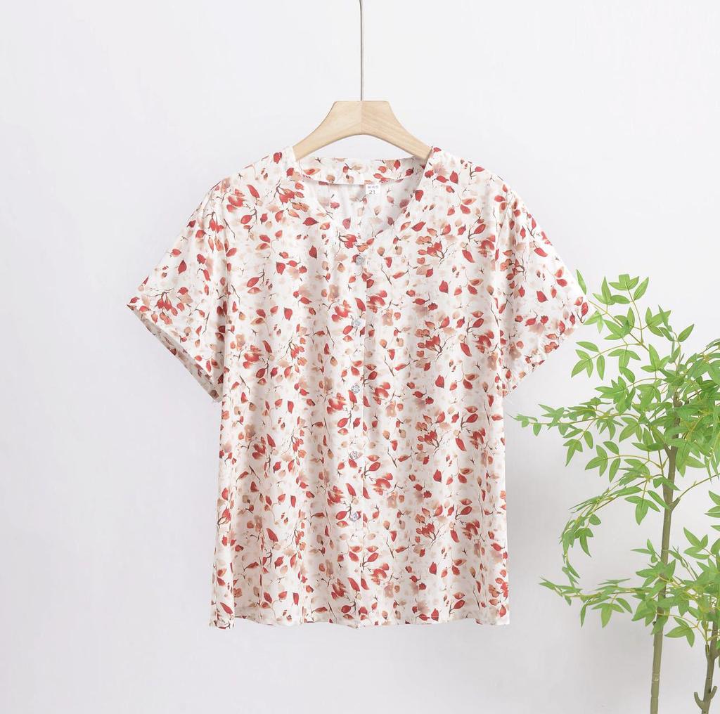 2025 Summer Floral Print V-Neck Button Short Sleeve Loose T-Shirt