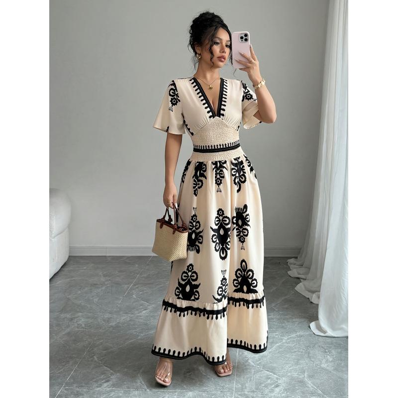 Women s Vintage Floral V-Neck Maxi Dress, Smocked Waist A-Line Long Dress for Summer Casual & Beach Wear S