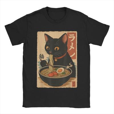 Japanese Black Cat Ramen Men's T Shirt Kawaii Noodle Cat Tee Shirt Short Sleeve Round Collar T-Shirt Pure Cotton Printed Clothes