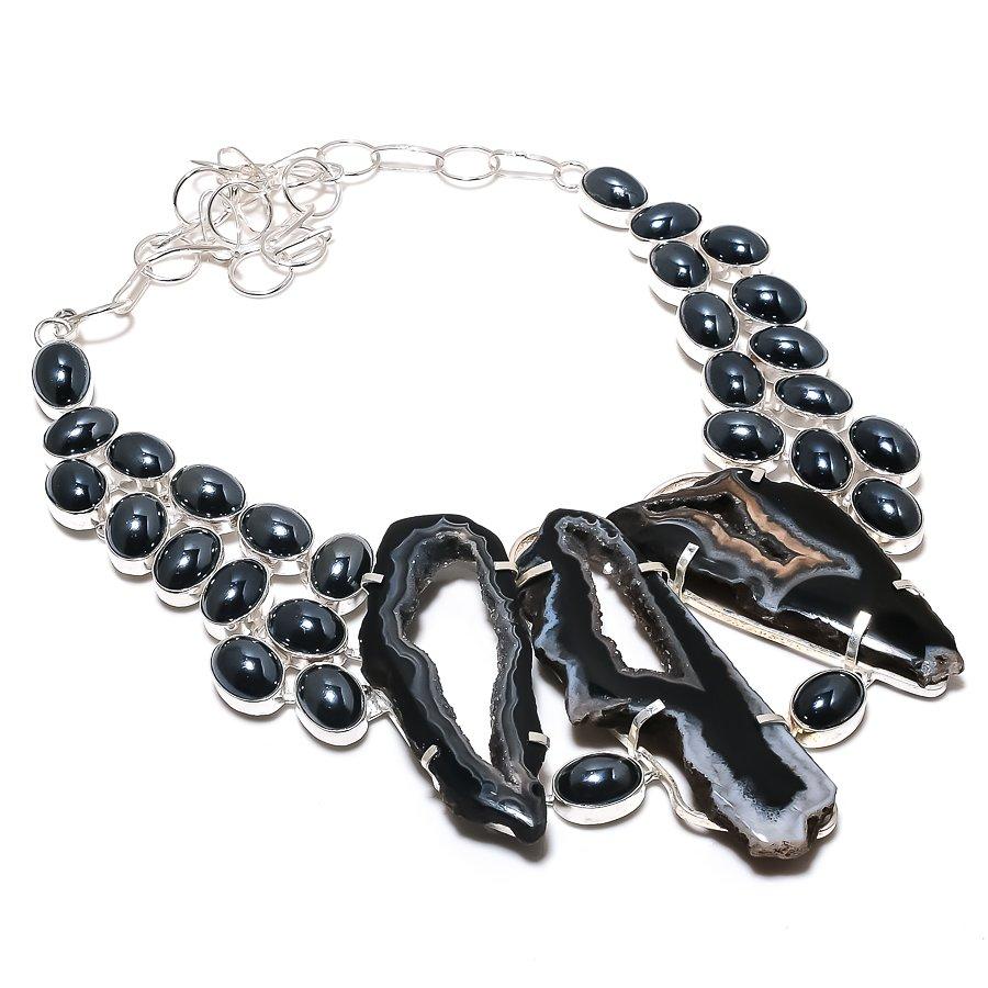 

Кусочек жеоды натурального агата, оникс, серебряное ювелирное ожерелье 925 пробы, 18 дюймов, L9K27