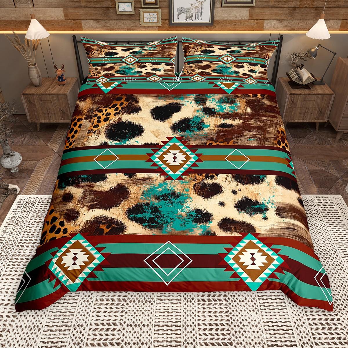 

Homewish Brown Cow Print Duvet Cover Set, Rustic Farmhouse Lodge Cabin Comforter Cover Set, Bohemian Aztec Bed Set DE XS 100x135cm 2pcs&set
