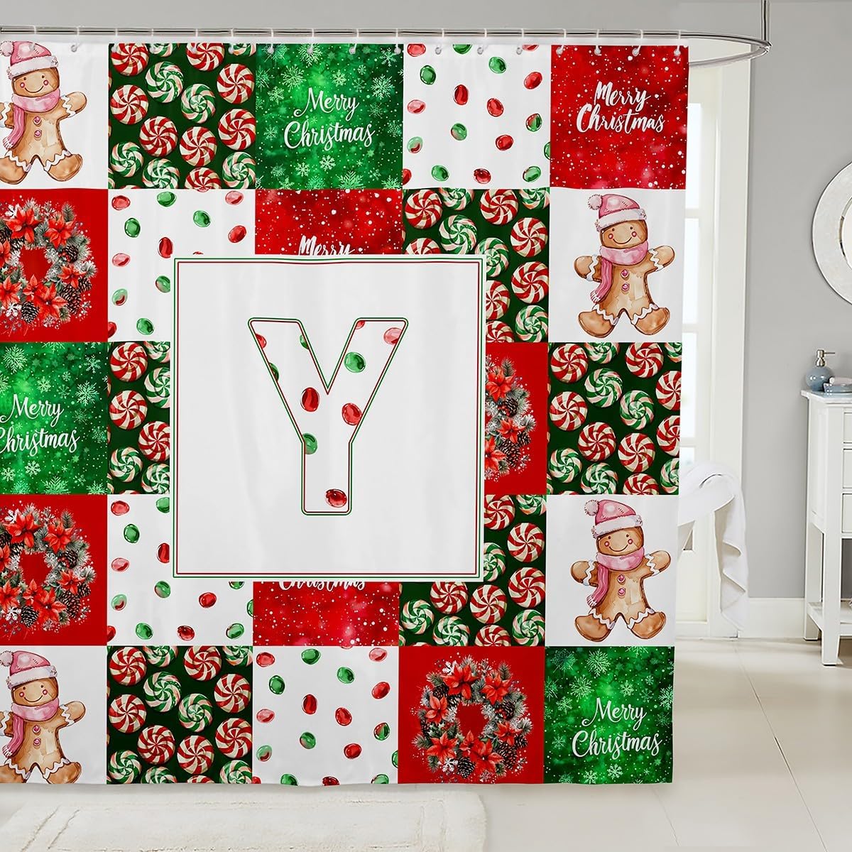

Santa Claus Print Shower Curtains,Cartoon Christmas Watercolor Bath Curtain,Golden Snowflakes Pink Waterproof Accessorieswith 90x180CM