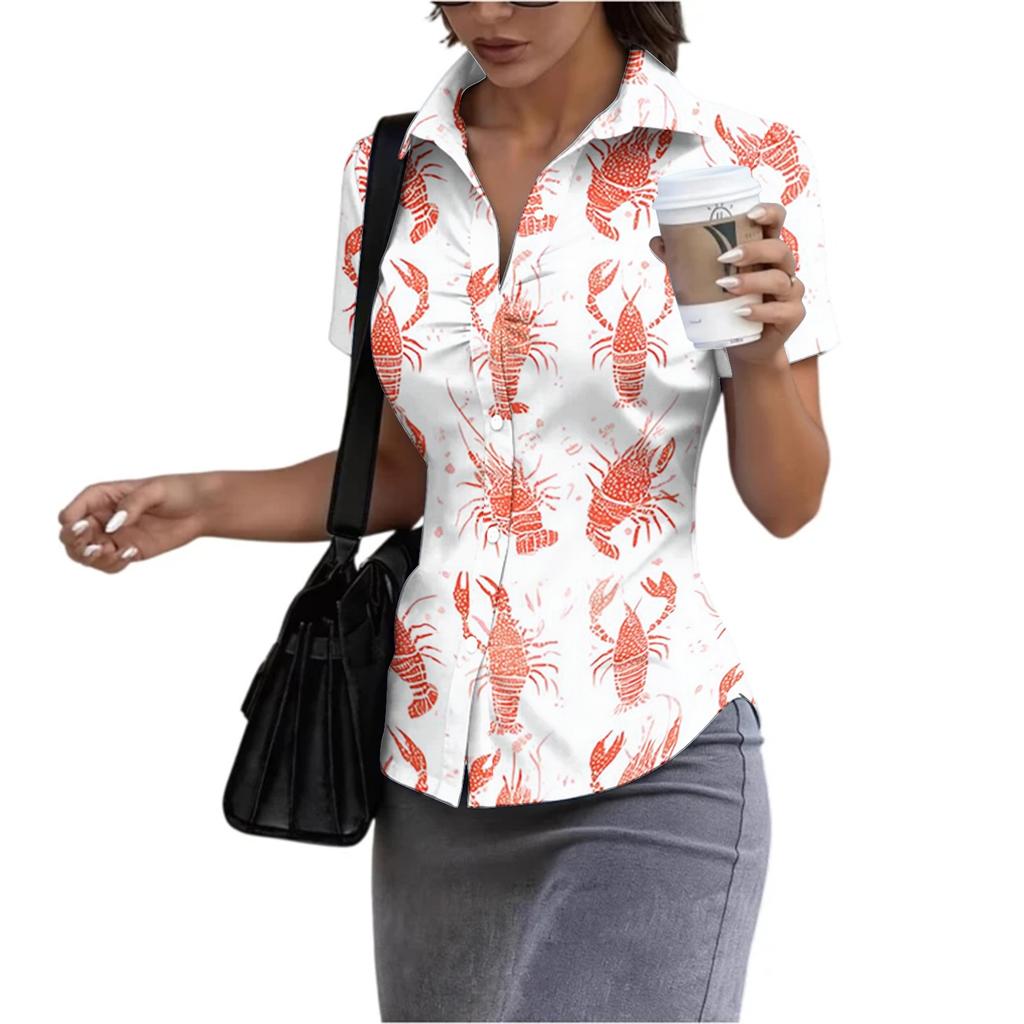 Damen Slim Fit Poloshirt Kurzarm Hummerprint Lässig Knopfleiste Kragen Oberteil Sommer Leichte Bluse