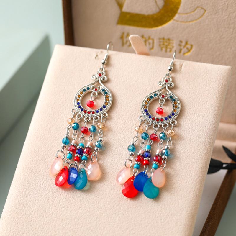 12Colors Bohemian Exquisite Water Drop Earrings for Women Elegant Hollow Round Acrylic Crystal Dangle Earring Female Jewelry