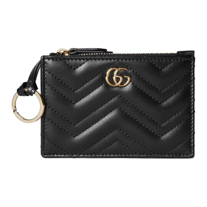 Gucci GG Marmont Logo Double G Metal Quilted Herringbone Leather Key Case Regular Women's Black