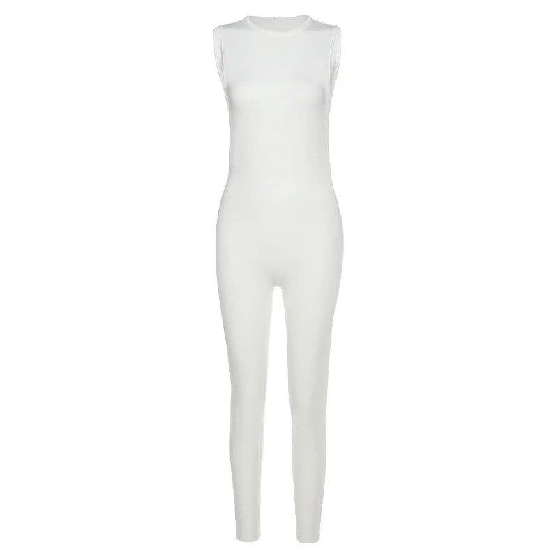 

Облегающий спортивный комбинезон без рукавов с высокой талией, женский спортивный комбинезон 2024, модные обтягивающие повседневные комбинезоны, однотонные комбинезоны с круглым вырезом 30727 L белый