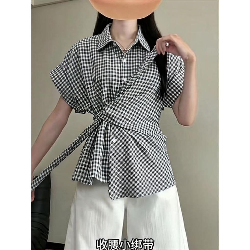 Korean Lazy Black and White Plaid Short-sleeved Shirt Women's Summer Design Sense Strap Waist Pinch Thin Versatile Top