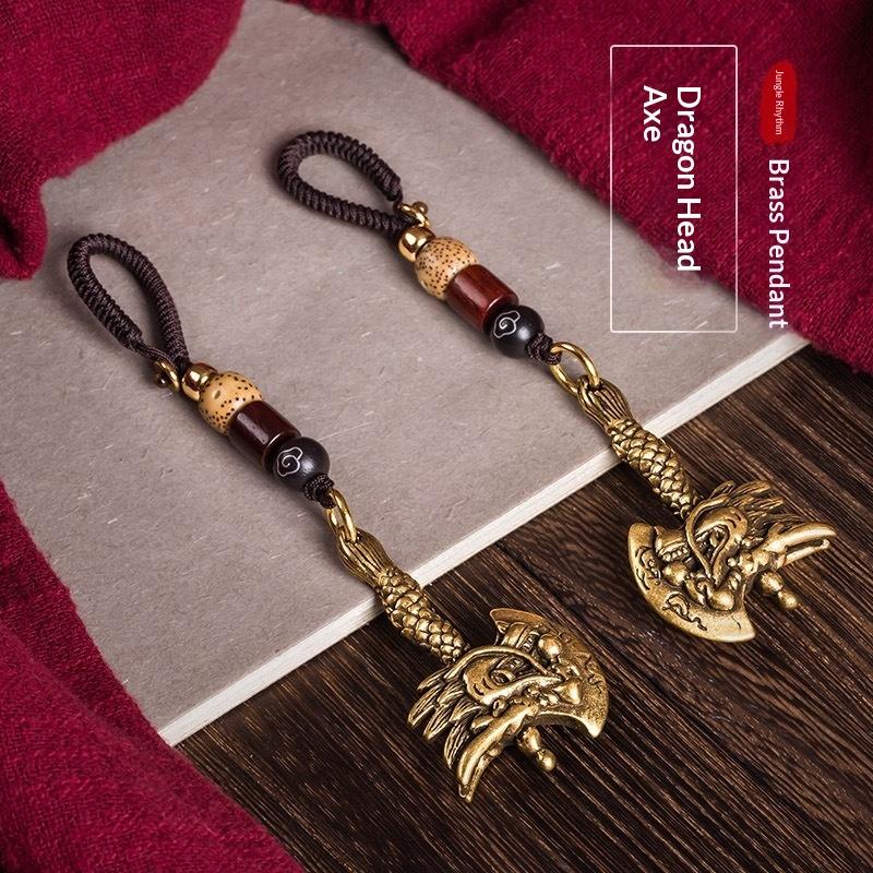 Punk Brass Dragon Head Axe Keychain Lucky Charm Car Key Ring Handmade Rope Vintage Gift For Men Women