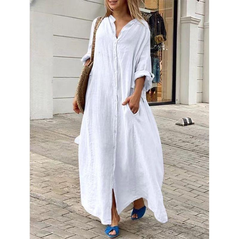 

Модный стиль Модное карманное платье-рубашка с воротником Повседневное Темпераментное платье большого размера Художественное платье Платье Свободное Однобортное White L