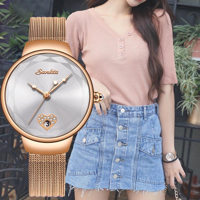 

SUNKTA Женские часы Повседневные модные часы Женский сетчатый ремень Водонепроницаемые часы Кварцевые часы